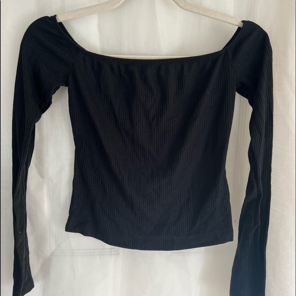 black striped off the shoulder long sleeve. in good condition !